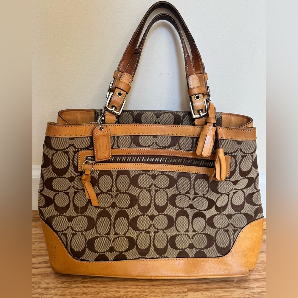 Coach Brown Signature Canvas Tote with Tan Leather Trim - Picture 2 of 16